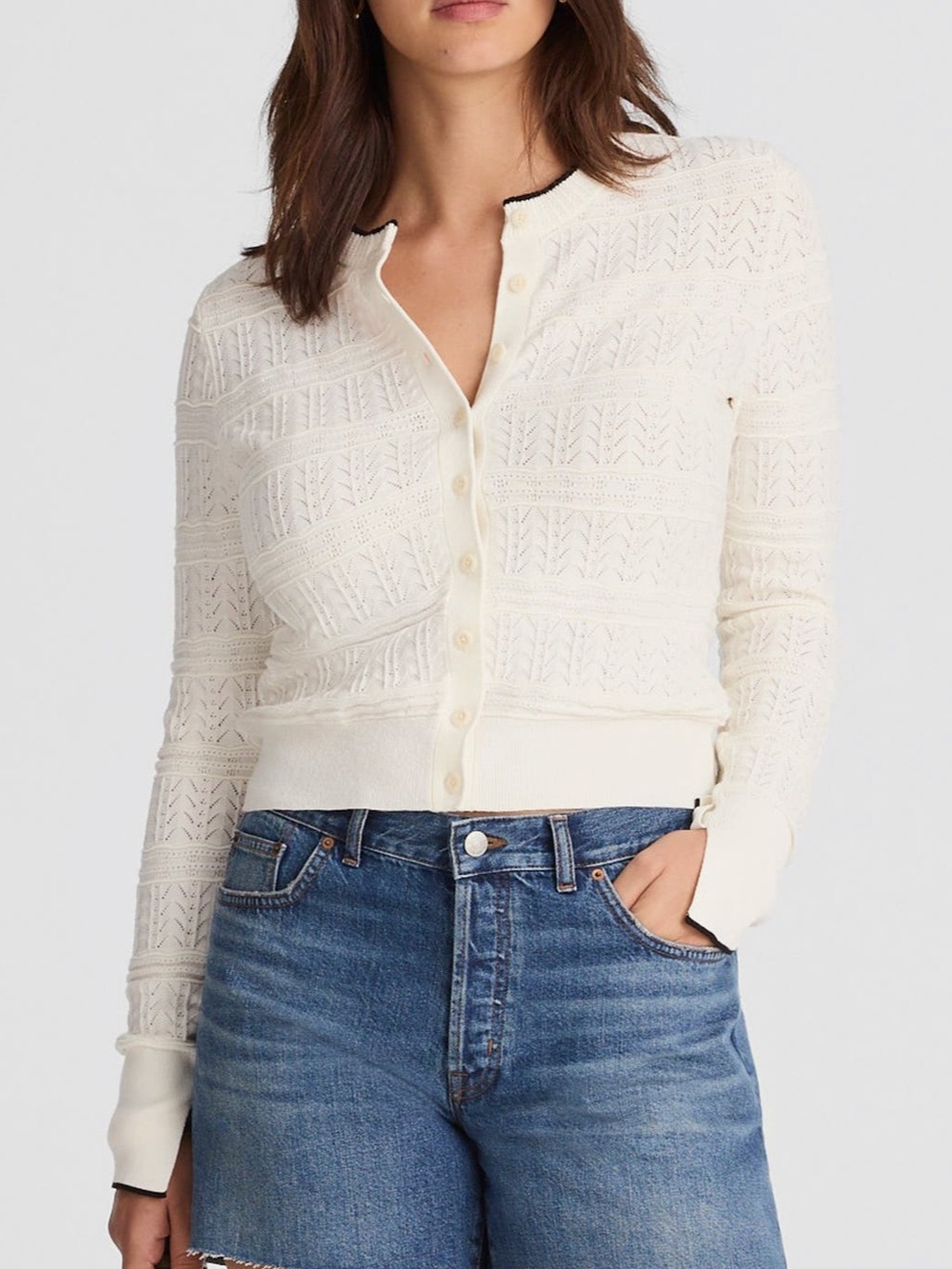 Madewell White Cable-Knit Pointelle Stitch Cardigan with Black Trim